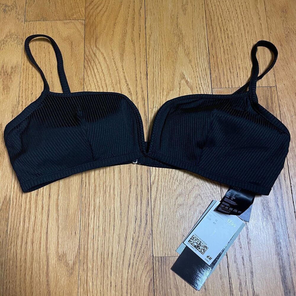H&M Padded Swim Top Bra Bikini Black Ribbed Wired Women's Size 12 Beach Ocean